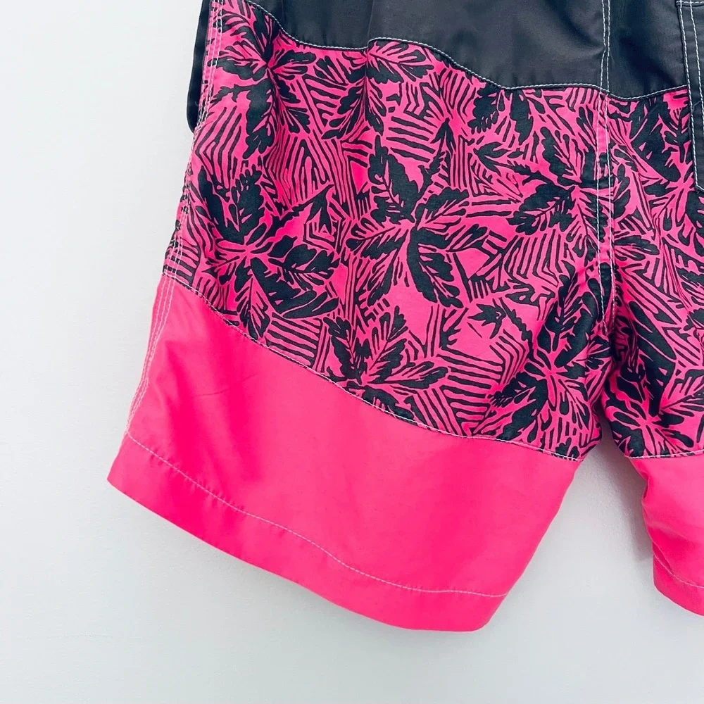 Mens Colorblock Tropical Palm Swim Trunks‎ Neon Pink Charcoal Board Shorts M